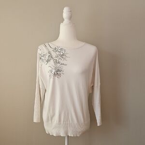 Alfani White Sweater with Silver Floral Design